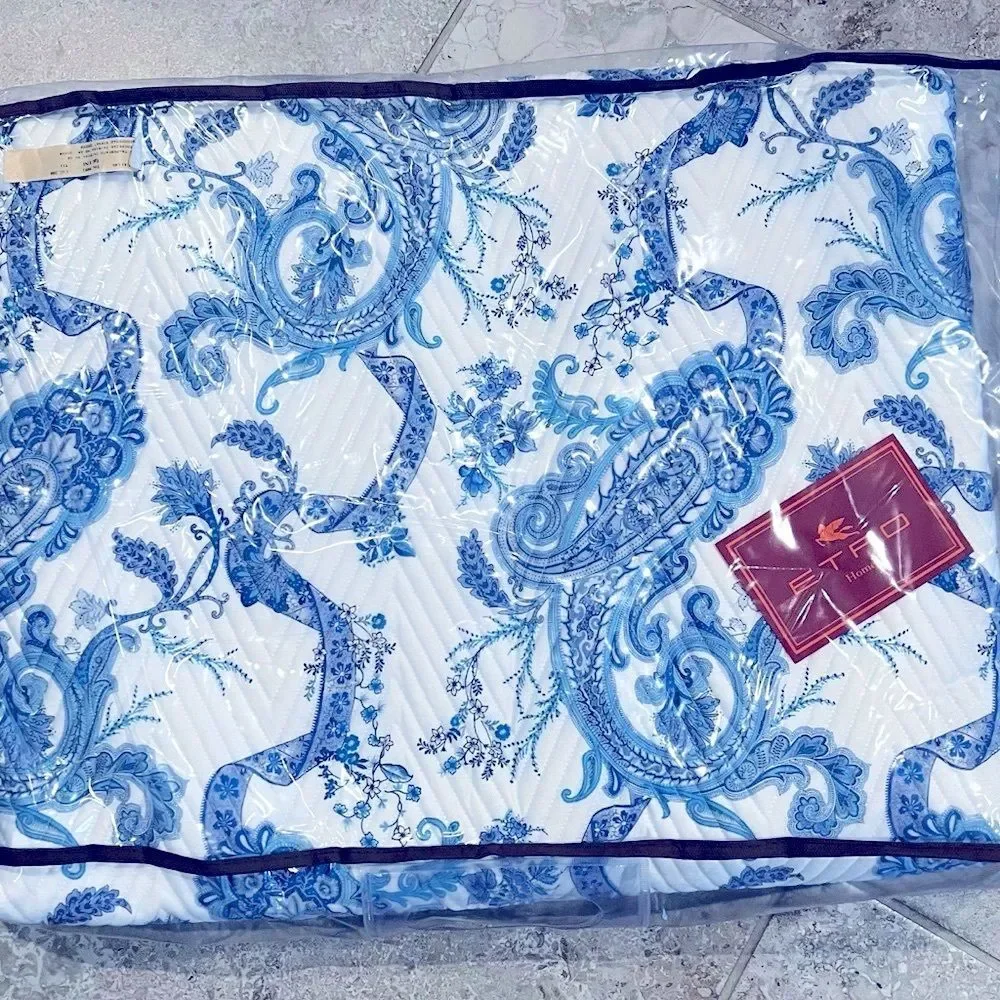 ETRO Home Loures Queen Quilted Bedspread, Paisley White & Blue, NWT